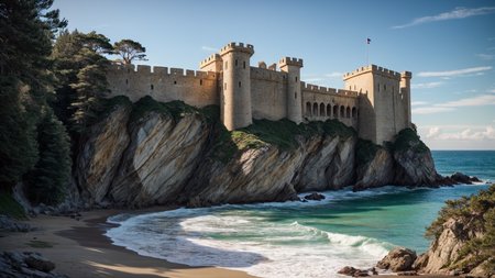 Stormwind Citadel: A massive fortress perched on a rocky cliff, overlooking the turbulent sea. Its towering walls are made of gray stone, and the banners of a majestic lion flutter in the wind. BREAK realistic:1.2, masterpeice, ultradetailed, intricate details, perfect quality, ultrashapr, ultradetailed, photorealistic, perfect shadows, profesional lights, realistic, boekh, rim lights, depth of fiel, ultradetailed character, pefect quality, maximum quality, intricate details, realistic, real shadow, (profesional lights:1.3) (profesional photography:1.3),