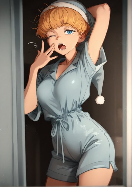 masterpiece, best quality, newest, absurdres, highres, new, solo, 1girl, blue eyes, d'arce \(fear & hunger\), sleepwear, nightcap, yawning, cowboy shot <lora:d'arce_Illustrious-000012:1>, (khyle.:0.8)