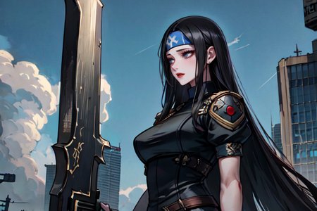 highly insanely detailed, masterpiece, top quality, best quality, highres, 4k, 8k, RAW photo, (very aesthetic, beautiful and aesthetic),  
beth_\(megami_tensei\),bethsmtii,shin megami tensei ii,long hair,black hair,straight hair,sleek black,jewelry,cross,headband,red_lipstick,katana,sword,Tokyo_Millennium,post-apocalyptic_city,dystopian_world,Valhalla,Entertainment_district,Millennium_News_Network,City_news,propaganda_broadcasts,information_contro,Order_of_Messiah,Religious_order,messianic_cult,divine_rulers, 
<lora:zs_Beth:0.3>, 
(1girl:1.3), 1other, 
above clouds,Scenery,âââ