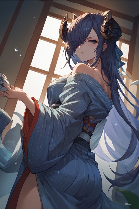 score_9, score_8_up, score_7_up, , rating_general,1girl ,avpsd, hair over one eye, mechanical curled horns, mechanical cat ears, yukata, dynamic angle, source_anime, <lora:AugustVonParsevalPDCAME AL:1>, <lora:GBFSplashArtXLPDv2:1>, gbsa, splash art, indoors,
