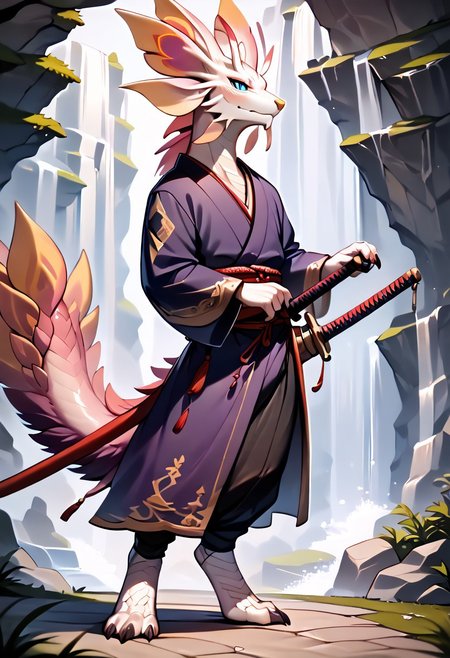 zPDXLscore_9,score_6_up,score_8_up,score_7_up,score_5_up,score_4_up,best quality, <lora:Mizutsune-XL-ADAM-V2-000035>, mizutsune, anthro, dragon, white scales, purple tail fur, male, solo, digitigrade, detailed tail, halfbody, black sclera, blue eyes, red eye shadow, tall, athletic, ronin clothes, sheathed sword, sheath pointing back, katana, male black color kimono, black medieval pants, standing pose, badass pose, serious expression,  waterfall river background, detailed background,<lora:Smooth Anime 2 Style SDXL_LoRA_Pony Diffusion V6 XL:1>