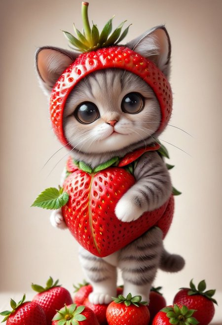 An award winning photo , a cute little baby cat,sitting around in a Strawberry costume, (fruit) , (((cuteness overload))) <lora:add-detail-xl:1>,  <lora:WowifierXL-V2:1>, zhibi