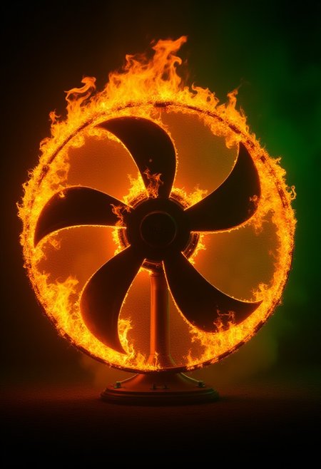 An huge metal fan completely engulfed in flames, inferno, blazing, concept art, masterpiece, perfect lighting, green flames, 4k, absurdres,