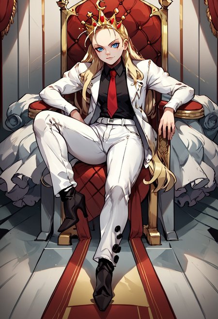 score_9, score_8_up, score_7_up, score_6_up, BREAK,uncensored, throne room, on throne ,1girl, devilotte, long blonde hair, hair slicked back, crown, blue eyes, white pants, black shirt, red tie, white suit jacket, high heel boots,