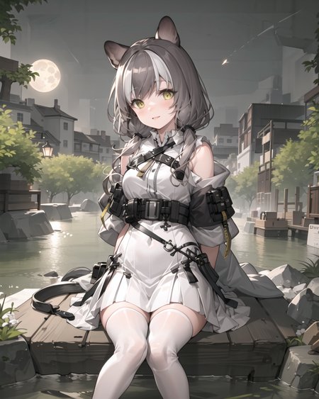arknights_honeyberry,night,yellow eyes, grey hair,multicolored hair,twintails,white thighhighs,sitting, outdoors,night,moon,arms behind back, river,