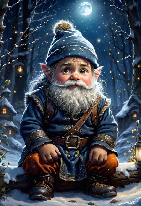mj, cinematic, masterpiece, Luminism, A small sitting dwarf waits for the first snow to arrive. A epic image illustration, old mystery, magic ,in focus, night, fireflies, moonlight, watercolor painting, Jean-Baptiste Monge style, bright, beautiful in winter, splash, big perfect eyes, Shimmering, cute and adorable, filigree, herbs, plants, snow,leaves,farn,moos,edge lighting, lights, magic, fairy, fantasy, stunning, dreamy, wlop, artgerm and james jean, digital art, perfect composition, beautifully detailed, intricate, amazingly detailed octane, trending on artstation, 8k artsy, ultra hd, realistic, vivid colors, highly detailed, UHD drawing, pen and ink, perfect composition, beautiful detailed intricate insanely detailed octane render trending on artstation, 8k artistic photography, photorealistic concept art, soft natural volumetric cinematic perfect light, 4k,  Gabriele Dell'otto, Bob Peak,  bright saturated colors, watercolor, oil paints, HDR, 500px, 4k,