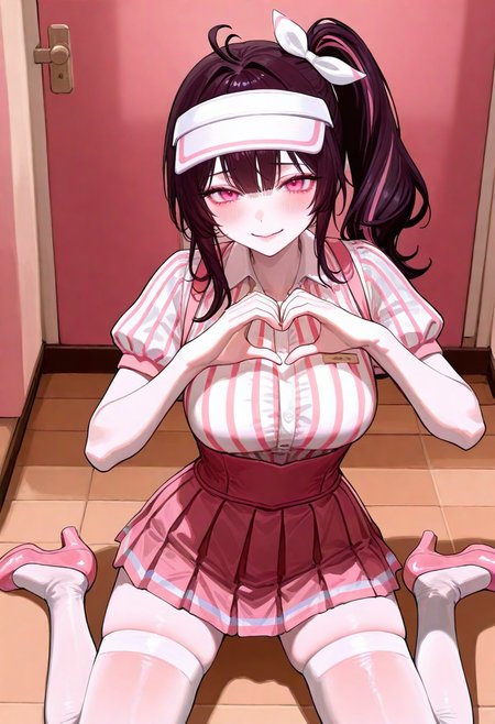 large breasts, detailed body, detailed eyes, narrow waist, (dynamic pose:1.2), upper body,
mature female, korean, korean idol, (mature eyes:1.2),
(pale skin:1.1), (blush:1.2), looking at viewer,
(1girl, solo:1.1), indoors, wariza, from above, heart hands, legs apart, 
complexion, healthy glow, long waist, long legs,
masterpiece, best quality, good quality, newest, very aesthetic, absurdres,
<lora:ì£¼ì ì_ì£¼ë¥´ë¥´__Jururu_Petrol_Station_Clothes:0.8> petrolruru, purple hair, pink eyes, pink streaked hair, side ponytail, thighhighs, skirt, short sleeves, pantyhose, shirt, white pantyhose, visor cap, striped shirt, bow, smile, collared shirt, (microskirt:1.1), pleated skirt, cowlick, pink footwear, high heels,