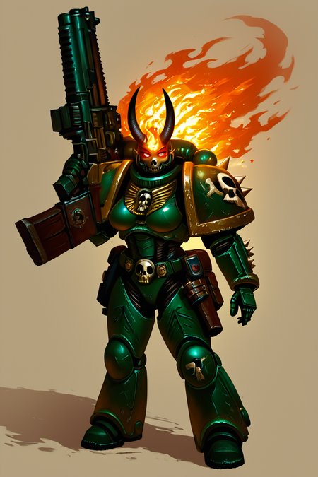 score_9, score_8_up, score_8, medium breasts, (curvy), cute, eyelashes,           BREAK, , BREAK,     (solo, looking at viewer, red eyes, 1boy, holding, standing, full body, weapon, male focus, horns, holding weapon, armor, gun, glowing, fire, shoulder armor, holding gun, glowing eyes, spikes, science fiction, pauldrons, skull, machine gun, demon, power armor, shoulder spikes), ( zzDarkAngel, 1girl, long hair, breasts, looking at viewer, blonde hair, thighhighs, gloves, cleavage, jewelry, medium breasts, green eyes, parted lips, hood, necklace, lips, hand on hip, makeup, gauntlets, green gloves, green thighhighs, green skirt, shoulder armor, green background, arrow (symbol), green theme:0.6), <lora:Dark_Angels_Warhammer_40K_PDXL_v2:0.6>  <lora:AnatoFinnstarkStyle_PDXL:1.0>,      embedding:zPDXL, Expressiveh, <lora:SDXLFaeTastic2400:0.5>,  <lora:Expressive_H-000001:0.4>,