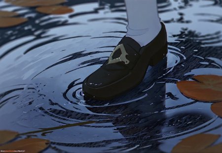 void 0, genshin impact, hu tao \(genshin impact\), 1girl, leaf, puddle, ripples, scenery, shoes, socks, solo, web address, close-up