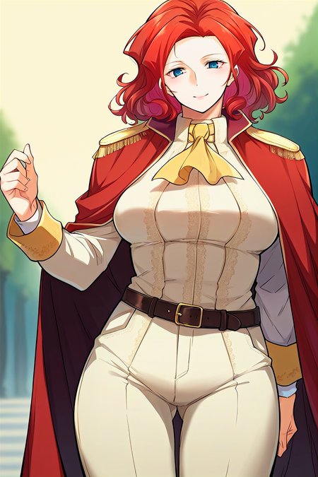 score_9, score_8_up, score_7_up, score_6_up, score_5_up, score_4_up, rating_questionable, , source_anime, digital illustration, pixiv, fanbox, uncensored, , BREAK, official art,
1girl, solo, mature female, alicia, red hair, blue eyes,
white shirt, yellow ascot, red cape, epaulettes, pants, belt,  light smile, outdoors, blush, looking at viewer, cowboy shot,  <lora:Alicia_Magentano_Pony-10:0.8>