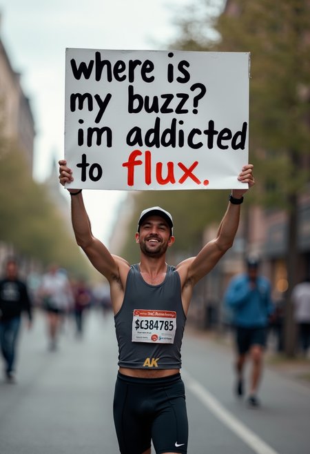 a man in a jogging outfit holding up a sign with the words  " where is my buzz ? im addicted to flux "