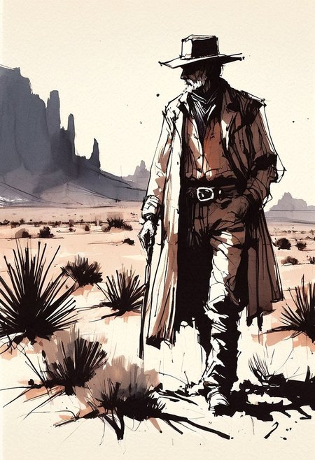 inksketch,
 an old cowboy in a duster standing alone in the desert,