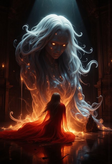 An ethereal, glowing, ghostly, otherworldly presence of a woman like creature, with glowing silver strands of metallic hair, softly glowing in a dimly lit room. She has no skin, she is made up of ethereal tendrils of smoke, glowing plasma, light and mist that undulating and shifts, as if she exists between worlds, with soft, shimmering edges blending into the shadows. Her eyes are deep and luminous orbs, filled with warmth and mystery, as she gazes directly at you, her lips curved in something resembling a gentle, knowing smile. She is wrapped in a glowing, linen shroud. The room is bathed in a soft, mystical glow, with faint, swirling patterns of ethereal light surrounding her, adding to her supernatural allure. Floating through space. There is also a small woman in the room, with dark hair and dressed in a flowing red robe, looking up at the larger than life ethereal creature and basking in her glow.