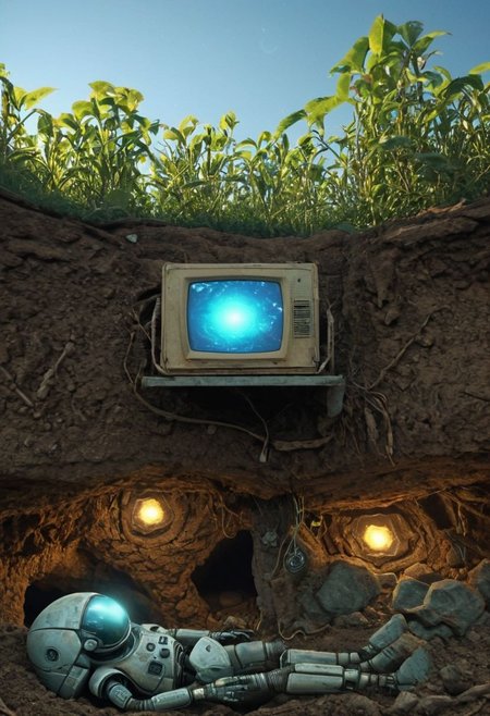 Cross-section, Side View, Cross section of an meadow with an tree above and a forgotten cave beneath, large roots from the tree beneath, Blue Sky, Underground City beneath in Underground with outworn sci-fi crt-screens, computer and consoles, eerie glowing translucent dusty robot servant, Large earth crust, translucent gems, earthworm and ant tunnels beneath in Underground, atmospheric haze, Film grain, cinematic film still, shallow depth of field, highly detailed, high budget, cinemascope, moody, epic, OverallDetail, gorgeous, 2000s vintage RAW photo, photorealistic, candid camera, color graded cinematic, eye catchlights, atmospheric lighting, skin pores, imperfections, natural, shallow dof,.