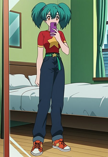 score_9, score_8, score_7, anime_screencap, anime_coloring, source_anime, high_res, rating_safe, uncensored,
pkmnduplica, 1girl, green hair, aqua hair, twintails, bangs, hair between eyes, brown eyes, vivid red shirt, star (print), short sleeves, navy blue pants, green belt, orange sneakers
standing, bedroom, window, bed, pillows, detailed background, mirror, selfie, cellphone holding cellphone, purple cellphone, solo
