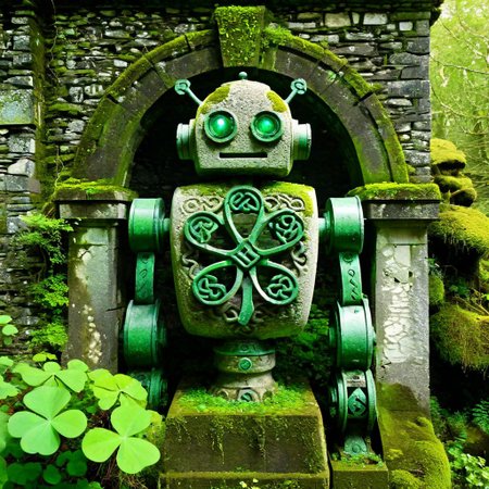 Ancient stone Celtic knotwork robot, moss-covered, emerald green gears, shamrock emblem glowing faintly, weathered statue, overgrown ruins, dappled sunlight, ominous protector