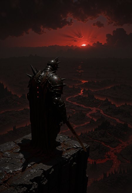 A lone knight, clad in black spiked armor, stands on a cliff overlooking a ruined battlefield. The knight's armor is dented and stained with dried blood, with glowing red eyes visible through the slit of his helmet. In his hand, he holds a rusted sword, its blade chipped and scarred. The battlefield below is littered with the broken remnants of ancient warriors and siege engines, with dark clouds swirling above. The lighting is dim, with an eerie red glow coming from the horizon as if the sun is bleeding into the sky. The style is dark fantasy, with a haunting, war-torn atmosphere.    <lora:dark_fantasy_flux:0.83> <lora:FredFraiStyle-FLUX-Share:0.63> <lora:sxz-Dark-Fantasy-v2-Flux:0.33> drkfnts style, <lora:flux.1_lora_flyway_Epic-Characters_v1:0.43>
