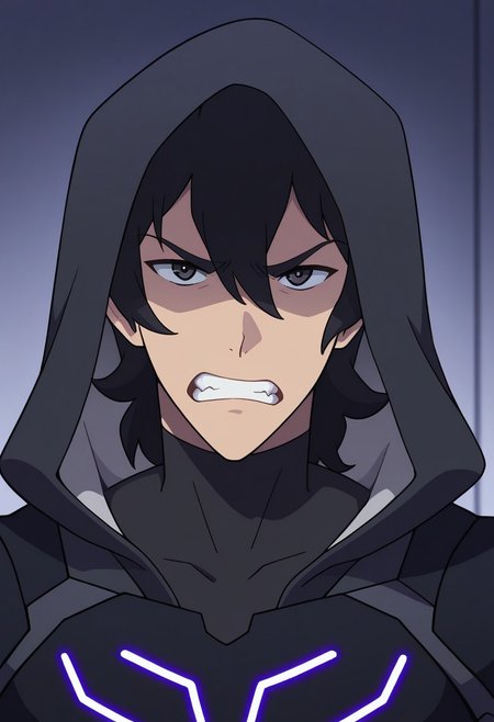 masterpiece,best quality,amazing quality, source_anime, 
keithvld, 1boy, male focus, solo, black eyes, black hair, marmora armor, black armor, turtleneck, hood, neon trim, hood up, portrait, teeth, angry,