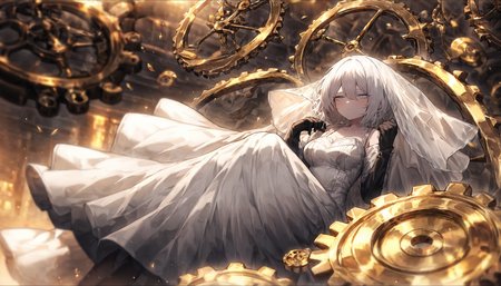 masterpiece,best quality,very aesthetic,absurdres,1girl,full_shot,(gold background:0.8),gears,<lora:LimbusCompanyStyle_AnimagineXL:0.4>,
BREAK
BREAK faust \(project moon\),limbus company,short white hair,light blue eyes,black gloves,indifferent,bridal veil,white translucent wedding dresses,in the air,
BREAK