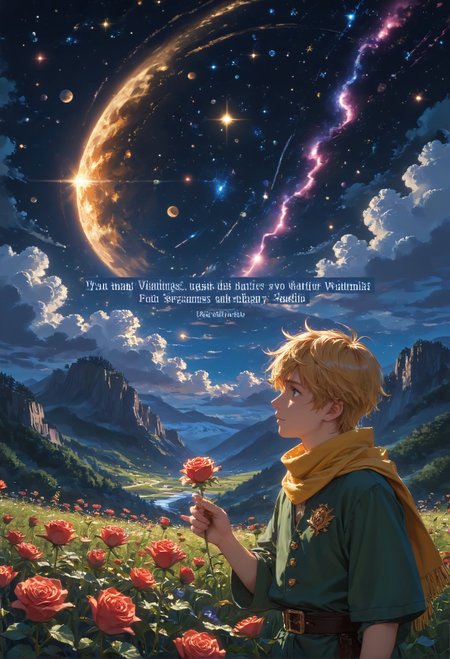 detailed background,Cinematic Lighting,film grain,score_9,score_8_up,score_7_up,zPDXL2,masterpiece,best quality,highly detailed,glowing,hand person,Expressiveh, <lora:(增强)sdxl_lightning_8step_lora:1>,<lora:glowneon_xl_v1:1>, <lora:(增强)Hands XL 4:1>,<lora:(增强)Expressive_H-000001:0.8>, <lora:Vixon\Vixon's Pony Styles Astro:0.8> , little prince, a rose, a fox, night sky, universe, yellow scarf, yellow hair, green clothes, 4str0,star \(sky\), earth \(planet\), planet,Le Petit Prince,1child