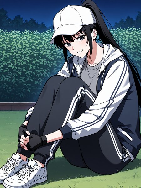 <lora:Omniscient_Readers_Viewpoint__Lee_Jihye:1>
1girl, solo, long hair, black hair, tied hair, high ponytail, black eyes, messy bangs, 
white baseball cap, white and navy jacket, gray t-shirt, black track pants, white stripe pants, black fingerless gloves, white sneakers, sporty outfit,
score_9, score_8_up, score_7_up, very aesthetic, source_anime, detailed, high quality, beautiful, detailed eyes, masterpiece, best quality, absurdres, perfect anatomy, 1girl, solo, hugging your own legs, sitting, garden background, charming smile, night