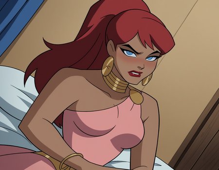 score_9, score_8_up, score_7_up, source_anime,
giganta, <lora:giganta-dcau-ponyxl-lora-nochekaiser:0.8>,
giganta, blue eyes, red hair, dark skin, dark-skinned female, makeup, lipstick, ponytail,
dress, jewelry, earrings, bracelet, pink dress,
indoors, bed, bed room, on side, blush, drunk,
looking at viewer, solo, dutch angle, cowboy shot,