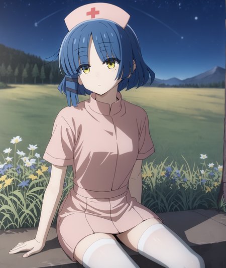 score_9, score_8_up, score_7_up, highres, hi res, best quality, masterpiece, 2d, intricate details, 4k, anime coloring, shadow, uncensored,
1girl, solo, female, short hair, blue hair, yellow eyes, mole, mole under eye, expressionless, eyes visible through hair,
nurse cap, nurse, thighhighs, white thighhighs, short sleeves, 
sitting, leaning forward, cowboy shot, head tilt, looking up, looking at another,
outdoors, on grass, field, depth of field, mountain, horizon, outdoors, forest, field, night, sky, night sky, star \(sky\), starry sky, yamada ryo, yamada ryou, <lora:Ryou_Yamada_1024_Pony:1>, bocchi the rock!,