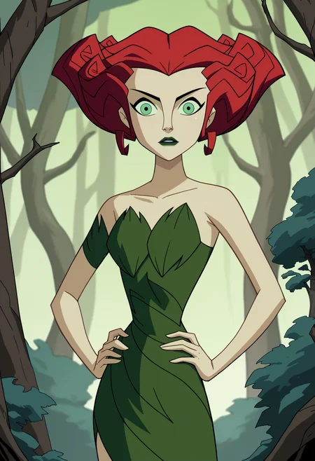 score_9, score_8_up, score_7_up, BREAK,
1girl, poisonivy, red hair, green eyes, lipstick,
strapless dress, pale green skin, bare shoulders,
hands on hips, standing, solo, looking at viewer,
trees, dark jungle background  <lora:PoisonIvyPDXL_byKonan:1>