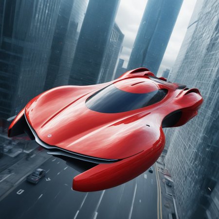 photo of red hover (2020's sports car), nowheels, science fiction, scifi, futuristic, futuristic city,  flying, soaring,