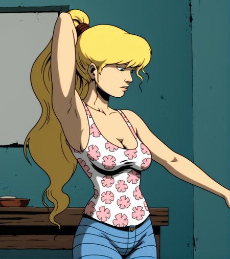 score_9, score_8_up, score_7_up,
1girl, solo, JulieWinters, 
arm up, arm pit, arm behind head,
 pink floral print shirt, striped jeans, cleavage, medium breasts, 
looking down, indoors,
cartoon, source_cartoon, 1990s_(style)
<lora:Julie_Winters:1>