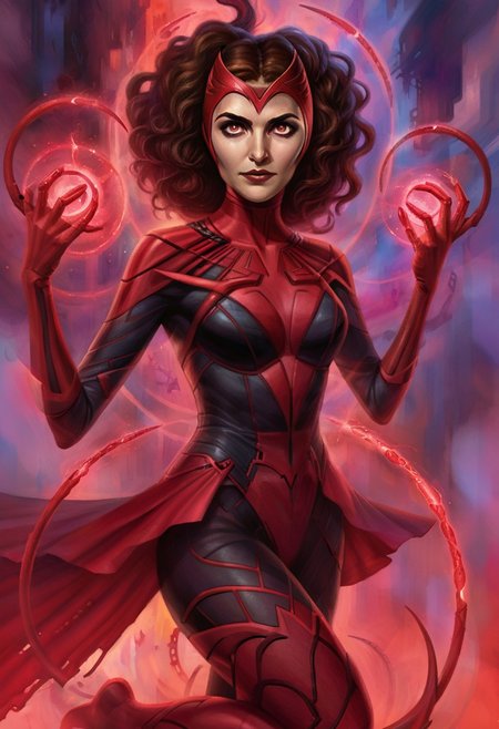 (w4rh4mm3r style oil painting, grimdark), 18 year old marvel scarlet witch woman, cybernetic cyberpunk witch floating in the air with powerful Eldritch magic coming from her hands. cybernetic arm, busty, cleavage