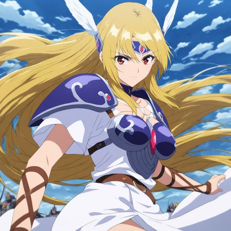 solo,looking at viewer,masterpiece,high score,great score,absurdres,anime coloring,armor,<lora:Valkyrie ag4o:1> valkyrie, blonde hair, long hair, red eyes,