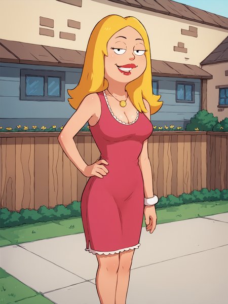 <lora:francinePony20epochs:1> francine,flat color,  blonde hair, 1girl, long hair, white braclet, breasts, solo, necklace, cleavage, pink dress, dress, red lips, standing,looking at viewer,fit,outdoors, hand on own hip,   breasts, smile,   score_9, score_8_up, score_7_up, score_6_up, score_5_up, score_4_up