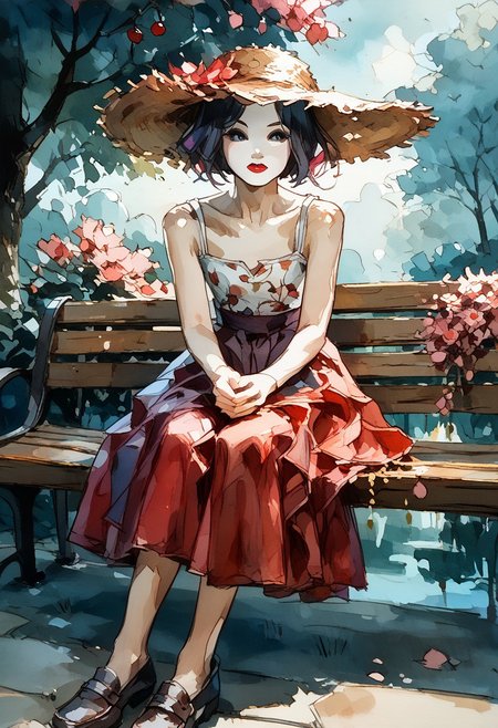 score_9, score_8_up,score_7_up, score_6_up, score_5_up, score_4_up, watercolor painting of
cute girl in white blouse and long skirt,((straw hat)), black bangs, himecut,red lipstick, white skin
((Sitting on a bench in a park),((cherry blossom))
(Slender body smooth),ng_deepnegative_v1_75t, easynegative, negative_hand, ArsMJStyle, Watercolor, shoe dangle, loafers