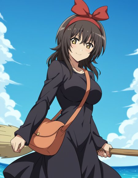 score_9, score_8_up, score_7_up, source_anime, <lora:misaki-toyoda-s1-ponyxl-lora-nochekaiser:1>, misaki toyoda, short hair, black hair, yellow eyes, large breasts,, <lora:witch-kiki-cosplay-ponyxl-lora-nochekaiser:1>, witch kiki cosplay, kiki (majo no takkyuubin) (cosplay), bag, black dress, bow, bow hairband, cosplay dress, hairband, long dress, red bow, red hairband, shoulder bag, sleeves past elbows,, blue sky, broom, broom riding, smile, blush,, cowboy shot, looking at viewer,, , dutch angle, cowboy shot