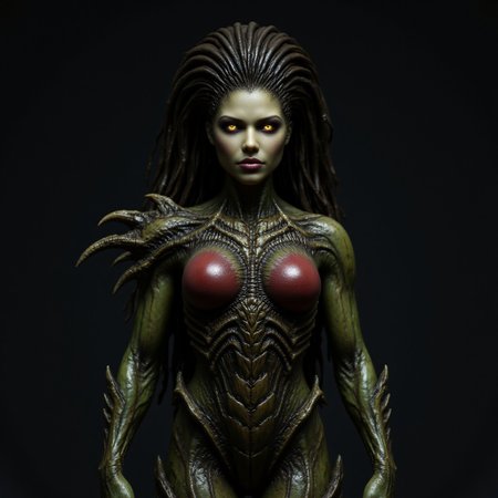 aidmafluxpro1.1, aidmarealisticskin, The image is a photograph of a female humanoid alien figure, likely a movie poster. The creature has an elongated, humanoid body with a female, muscular, athletic build. Its skin is a blend of dark green and reddish tones, with a scaly, textured surface that suggests a reptilian or insectoid origin. The creature's face is striking, with sharp, angular features, glowing yellow eyes, and a mouth filled with sharp teeth.