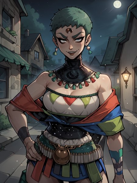 score_9, score_8_up, score_7_up, score_6_up, score_5_up , source_anime BREAK
1igrl, hades2eris ,forehead mark,<lora:erisPony:1>, short hair,  green hair, erisdress, collar, hand on hip, smug,
moonlight, particles, night, dark scene, cell shading, linear hatching,