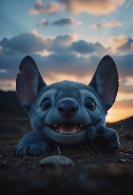 realistic photo of stitch partially covered in shadows, closeup portrait, monochrome with blue highlight, detailed vibrant blue fur, cute large eyes, mouth open, teeth, funny, reaching paw, moody volumetric sundawn backdrop, sunrise behind fluffy Clouds with extrem volumetric lighting backdrop, atmospheric haze, Film grain, cinematic film still, shallow depth of field, highly detailed, high budget, cinemascope, moody, epic,