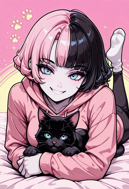 masterpiece, best quality, 32k, high resolution, absurdres, vector art, flat colors, s1n0p0p, in the style of Jedpstgl, Impressionism,  Vaporwave,Pixel Art, Sabrina, SabrinaRH, short hair, bobcut, ((Pink-black) split hair, split-color hair,) curled hair tips, parted bangs, blue eyes, medium breasts, pale skin, pink hoodie, cats paw print, pants, dual color background (pink-black) , abstracts, cowboy shot, looking at the viewer,, smiling,  cat, cuddling, laying on stomach, head resting, feet up, socks, focus on face, face closeup,