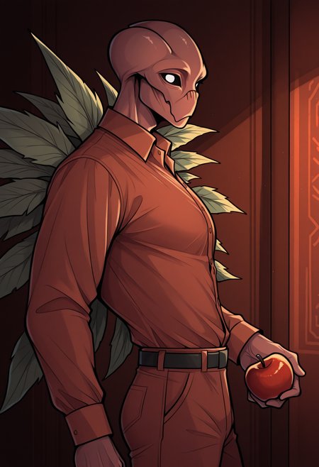 masterpiece, best quality, 1boy, solo, BrackenLethalCompany, white eyes, monster, wings, leaf, black shirt, dress shirt, long sleeves, black pants, black belt, holding apple, indoors, looking at viewer, from side, <lora:ChamBrackenIllustriousXL:1>