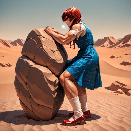 masterpiece, best quality, absurdres,
WSwolethy, scowl, strained, sweating, breathing_heavy, brown_beard, pushing boulder,
gainz socks, gainz shoes, blue dress, gainz shirt, barbell, torn sleeves,
from side, full body view,
desert, boulder, sand,
