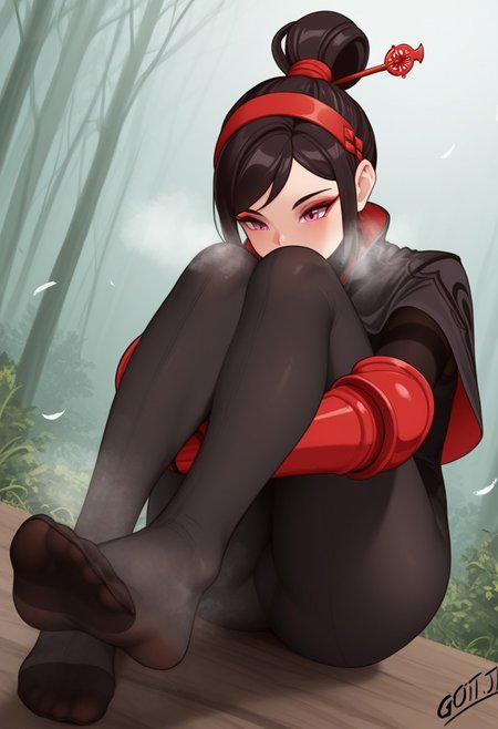 gojich, outdoors, undershirt, falling feathers, black bodysuit, hair stick, hugging own legs, , gauntlets,   eyeshadow,   red gloves,  high ponytail,  , black capelet, red hairband, pink eyes, 1girl, solo, feet, visible breath,   dynamic angle, foreshortening, smell, steam,