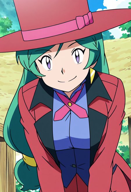 masterpiece, best quality, solo, curvy, beautiful eyes, large breasts, 1girl, solo, smile, looking at viewer,     zzFrancesca, purple eyes, green hair, long hair, low-tied long hair,  red top hat, jewelry, formal, suit, blue vest, tailcoat,  (upper body, close up, leaning forward, portrait),  <lora:FrancescaPokemon_IXL:1.0>,
