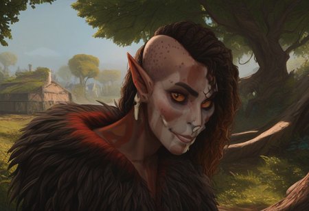 safe_pos, feminine, bosmer woman, fit body, bone masks, carved masks, painted masks, random face, colorful skin, pale tan skin, strong jawline, angular facial features, asymmetrical features, wide nose, fur mantle, rough leather clothes, female, archer's physique, joking demeanor, slightly pointed ears, pinned back ears, long face, very short ears, curved ears, scalloped ears, short ears, firbolg nose, uncanny features, snake nose, reptilian nose, realistic, long face, bosmer, alien, elongated head, flat nasal ridge, elongated skull, bony nose, slit nostrils, aquiline features, medium body hair, dunmer, creature, bony dermal ridges, rough complexion, body tattoos, native american tattoos, medium breasts, natural breasts, shapely figure, chiseled features, athletic build, weathered skin, large nose, animated realism, zoomed out, Inuit features, sage colored skin, pale skin, copper and jade clothes, dark orange sclera, saurian pupils, horizontal pupils, cuttlefish eyes, narrow eyes, dark red pupils, very slanted eyes, squinted eyes, double lidded eyes, eye membrane, slanted brows, bony brows, highly detailed, defined features, looking at viewer, from side, full body, zoomed out, dynamic lighting, 29 years old, light and shadows, jovial expression, expressive eyes, smiling, laughing, Native American pattern leather clothes, medium hair, elegant hairstyle, tribal hair, wavy hair, thick hair, braided hair, wild cut hair, semirealistic, alien elf, mongolian features, slavic features, aztec features, vibrant hair, colorful hair, sharp features, high detail, absurdres, intense eyes, detailed eyes, dark orange eyes, paleolithic clothes, Crowded village, dense redwood forest, intricate fur tents, bone furniture, masterpiece, Vilontrebramb, tree, outdoors, scenery, tree houses, elegant architecture