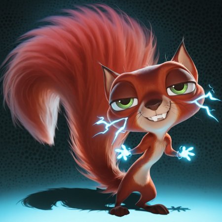 masterpiece, absurdres, amazing quality, photorealistic, ultra-detailed, solo, animal focus, no humans, chibi, furry male, 1boy, chip_superpet, red fur, green eyes, crooked whiskers, chipped tooth, buck teeth, smile, grin, teeth, half-closed eyes, narrowed eyes, smirk, smug, hands up, outstretched arms, slim, tiny waist, body fur, brown hands, full body, looking at viewer, long tail, glowing hands,  electricity, electrokinesis, leaning forward, naked, no penis, 
BREAK 
psychedelic background, detailed shading, glowing, shadow, WaiIL25PosC