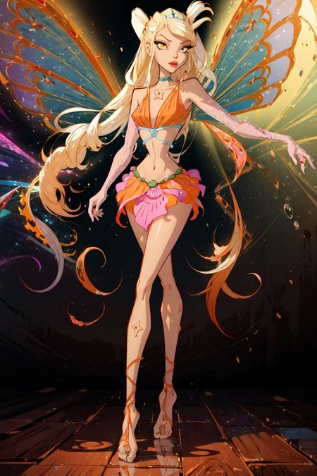 (Stella:1.5), blonde hair, very long hair, yellow eyes, wings, midriff, orange top, skirt, (orange and yellow gradient background), (realistic:1.2), (masterpiece:1.2), (full-body-shot:1),(Cowboy-shot:1.2), neon lighting, dark romantic lighting, (highly detailed:1.2),(detailed face:1.2), (gradients), colorful, detailed eyes,, (natural lighting:1.2), solo  <lora:WinxClubEnchantixStella-10:0.9> <lora:add_detail:0.3> <lora:BeautifulEyes:0.6>