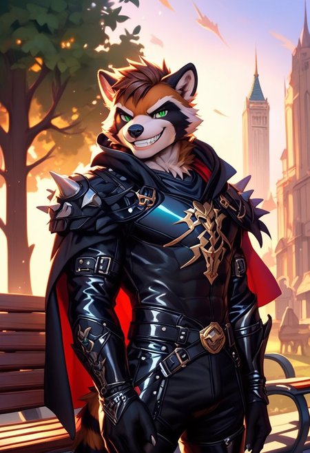 score_9, score_8_up, score_7_up,score_9, score_8_up, score_7_up, ((cowboy shot)), city, park, park bench, standing, BREAK, ((High fantasy art style)), solo, male, anthro raccoon, black hooded cloak, (black leather breastplate), black leather greaves, black leather pauldrons, black leather boots, brown hair, ((detailed green eyes)), ((Masterpiece), (absurdres), (shadowy), (mysterious), ((evil grin)), ((sadistic smile))