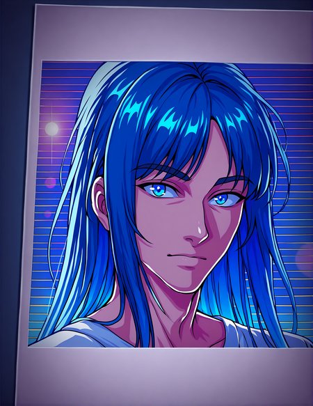 masterpiece, very aesthetic, absurdres,  1boy, solo, male focus, blue eyes, blue hair, portrait, looking at viewer, facial hair, long hair, closed mouth, bangs, shirt, white shirt,  Illust_Polaroid