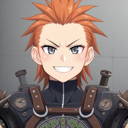 mana_sk style, portrait, focus on face, a determined battle engineer girl with short, slicked-back copper hair and steely gray eyes, wearing a heavy leather harness with gears and tools attached, a smudge of grease on her cheek and a confident grin, faint sparks flying in the background, Japanese RPG style, industrial and dynamic atmosphere, intricate details on her harness and tools