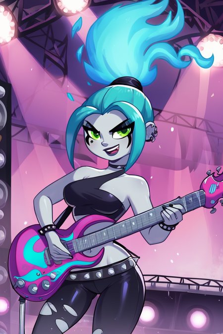 score_9, score_8_up, score_8, medium breasts,  (curvy),     (scene, concert, 1girl, solo, Standing, electric guitar),   zzEmber, ponytail, aqua hair, goth, big belt, blue fire, grey skin,  bare shoulders, cowboy shot, dark, electric guitar, ghost, goth fashion, green eyes, guitar, instrument, long hair, midriff, navel, stage, teeth, tight clothes, torn clothes  <lora:Ember_McLain_P1:1>,  <lora:BoldCAT_P3:0.8>,